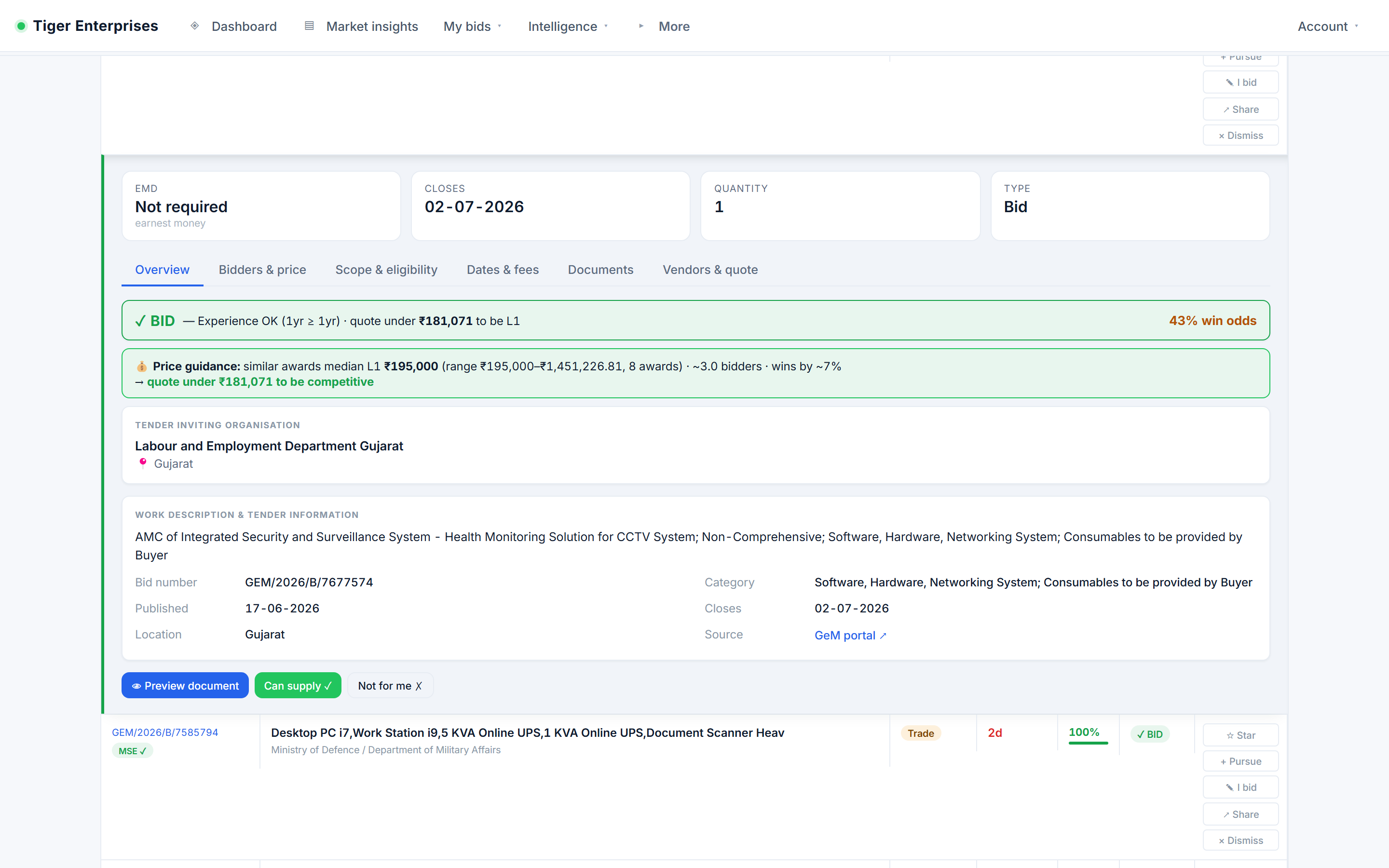 Single-screen workspace for one procurement opportunity